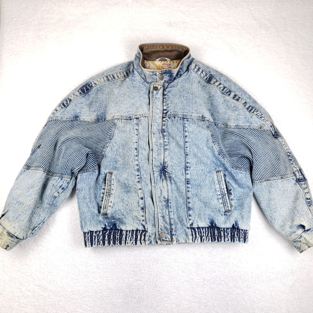 Vintage Mirage Authentic Wears Acid Wash Denim Bomber Jacket XL Leather Trim 80s